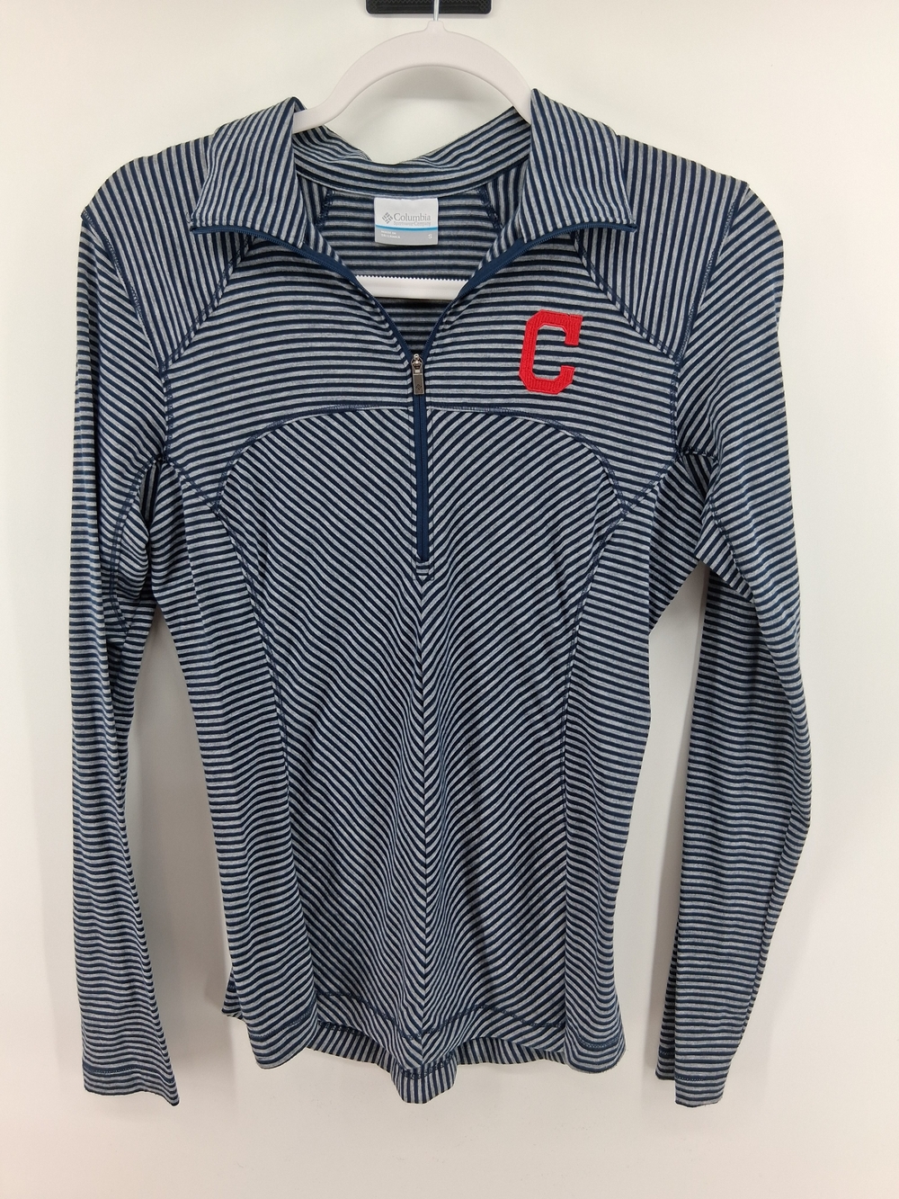 Columbia Navy and White Striped Half-Zip Top with Red C